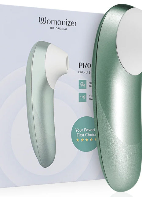 Woomanizer pro klitoralstimulator in salbeigrün mit metallischem körper und ergonomischem design für empfindliche stimulierung
