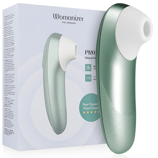 Woomanizer pro klitoralstimulator in salbeigrün mit metallischem körper und ergonomischem design für empfindliche stimulierung