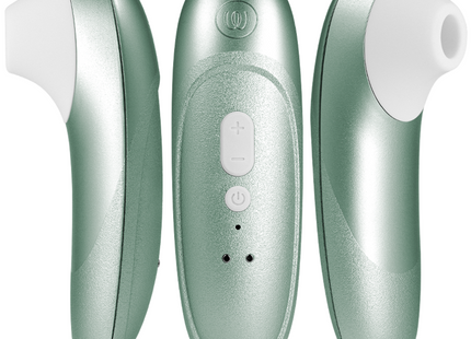 Womanizer pro vibrant klitoralstimulator in metallic salbeigrün mit weißer silikonspitze und steuerungstasten