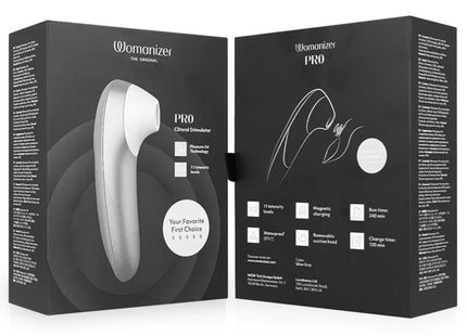 Womanizer pro vibrant klitoralstimulator in silbergrau mit schlankem design und minimalistischer verpackung