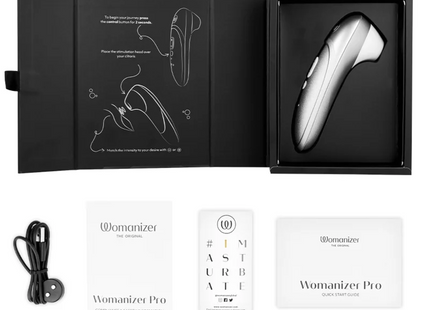 Silbergrauer womanizer pro klitoralstimulator mit ergonomischem design und kraftvoller vibration