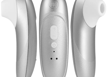 Silver und weißer handlicher womanizer pro vibrant klitoralstimulator mit ergonomischem design und bedienknöpfen
