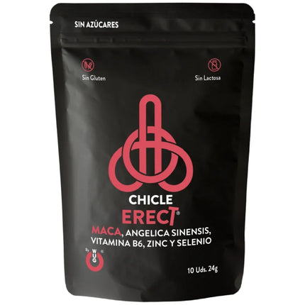 Schwarzer pouch chicle erect chicle mit rosa logo enthält angelica sinensis zur unterstützung normalen testosteronspiegels und normaler fruchtbarkeit