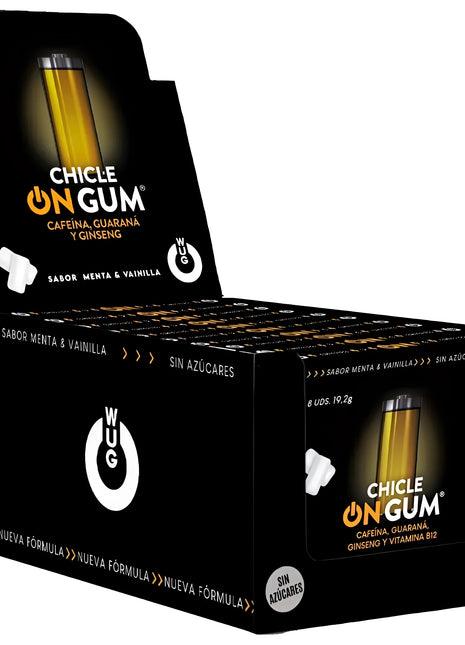 WUG GUM - ON AUF KOFFEIN- GINSENG- UND GUARANA-GUMMI | 12 x 8 EINHEITEN AUFSTELLEN