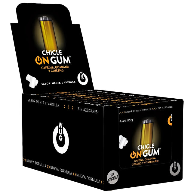 WUG GUM - ON AUF KOFFEIN- GINSENG- UND GUARANA-GUMMI | 12 x 8 EINHEITEN AUFSTELLEN