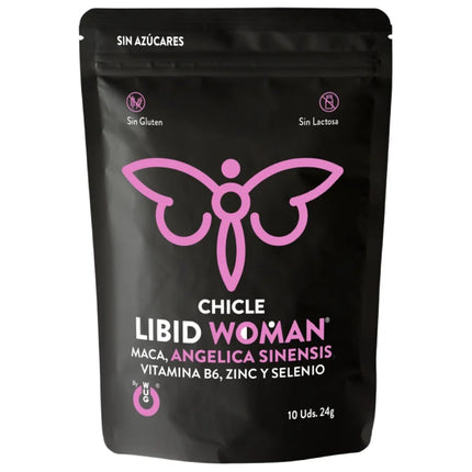 Schwarze rückseite des libid woman chicle kaugummis mit rosa schmetterlingslogo und zutatenliste für normale fruchtbarkeit