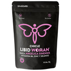 Schwarze rückseite des libid woman chicle kaugummis mit rosa schmetterlingslogo und zutatenliste für normale fruchtbarkeit