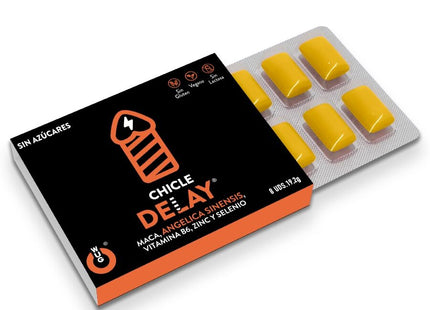 Schwarze und orange box wug sex sense cum delayer verzögerungskaugummis mit gelben rechteckigen stückchen im blister