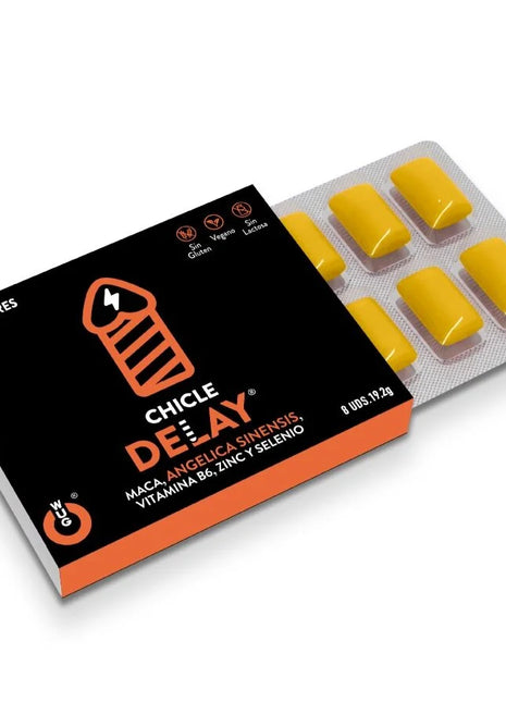Schwarze und orange box wug sex sense cum delayer verzögerungskaugummis mit gelben rechteckigen stückchen im blister