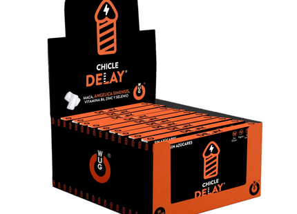 Orange und schwarze pappe displaybox für wug sex sense cum delayer verzögerungskaugummis mit blitzlogo