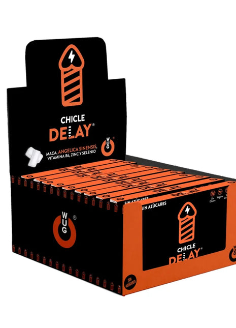 Orange und schwarze pappe displaybox für wug sex sense cum delayer verzögerungskaugummis mit blitzlogo