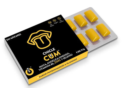 Schwarze und gelbe verpackung von cum marken zuckerfreiem wug sex sense bananengeschmack kautabletten mit acht stücken sichtbar