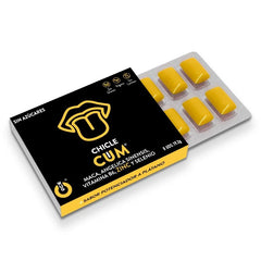 Schwarze und gelbe verpackung von cum marken zuckerfreiem wug sex sense bananengeschmack kautabletten mit acht stücken sichtbar