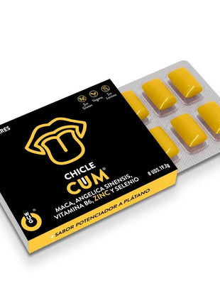 Schwarze und gelbe verpackung von cum marken zuckerfreiem wug sex sense bananengeschmack kautabletten mit acht stücken sichtbar