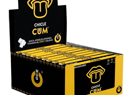 Schwarze und gelbe wug chicle cum displaybox mit stilisiertem zungenlogo ejakulationsförderer bananengeschmack
