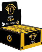 Schwarze und gelbe wug chicle cum displaybox mit stilisiertem zungenlogo ejakulationsförderer bananengeschmack