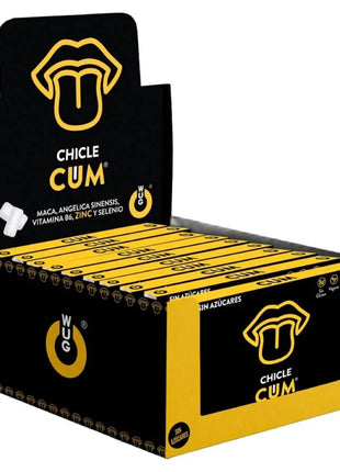 Schwarze und gelbe wug chicle cum displaybox mit stilisiertem zungenlogo ejakulationsförderer bananengeschmack
