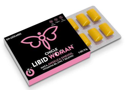 Pink und schwarze box libid woman zuckerfreie ka gum mit gelben rechteckigen stücken im blisterpack