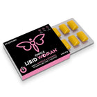 Pink und schwarze box libid woman zuckerfreie ka gum mit gelben rechteckigen stücken im blisterpack