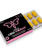 Pink und schwarze box libid woman zuckerfreie ka gum mit gelben rechteckigen stücken im blisterpack