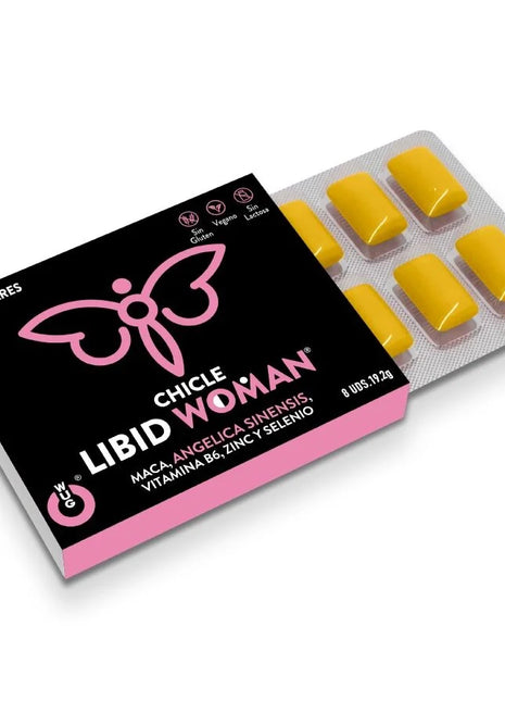 Pink und schwarze box libid woman zuckerfreie ka gum mit gelben rechteckigen stücken im blisterpack