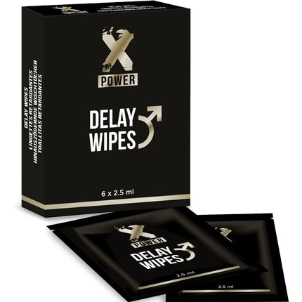 Schwarze rechteckige x power delay wipes packaging mit gold weißer markierung und logo für vorzeitigen samenerguss