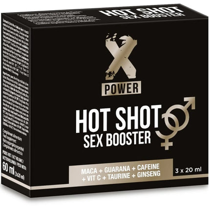 Schwarze rechteckige box x power hot shot sex booster mit silberweißem text und geschlechtssymbolen zur libidosteigerung