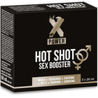 Schwarze rechteckige box x power hot shot sex booster mit silberweißem text und geschlechtssymbolen zur libidosteigerung