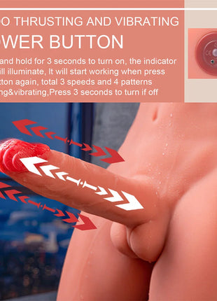 Roter silikon dildo mit powerbutton für stoß und vibrationsfunktionen im produkt xise jason halbkörper realistischer männlicher torso 55 cm