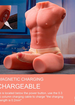 Xise jason halbkörper realistischer männlicher torsobox aus pink silikon mit definierten abs und beiger usb ladebundweite