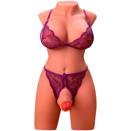 Lila spitzen-unterwäsche-set auf mannekintorso für xise miah lady boy weiblicher torsovibrationsdildo 55 cm