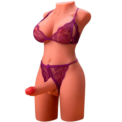 Purpurne spitzenunterwäsche-set auf mannekintorso des xise miah lady boy weiblicher torso mit dildo vibration und stöß 55 cm