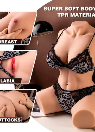 Realistischer silikon torso muriel von xise mit 55 cm in beige hautfarbe und schwarz-weißem leopardenspitzwäsche