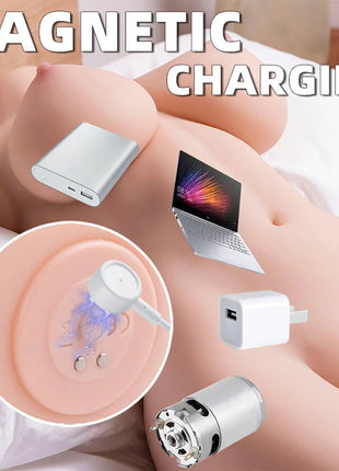 Silbernes rechteckiges magnetisches ladepad mit usb-anschlüssen und kreisförmigen magneten auf der rückseite für xise-organisierter realistischer weiblicher torso mit stoßender 71 cm