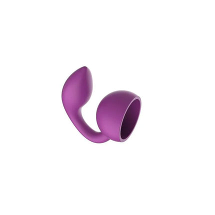Lila silikon massager xocoon mit gebogenem griff und rundem, hohlem kopf in fuchsienfarbe