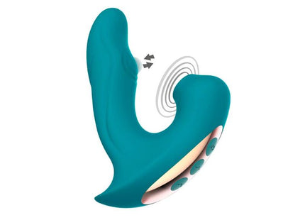 Teal silikon erwachsenen spielzeug mit gebogenem ergonomischem design und mehreren steuerungstasten seitlich von xocoon eternal love vibe stimulator grün