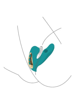 Teal silikon vibrator mit goldfarbenem bedienfeld und weißem kabel xocoon eternal love vibe stimulator grün