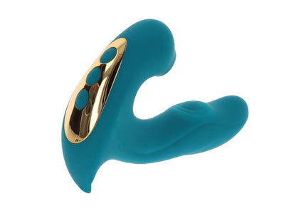 Teal silikon erwachsenenspielzeug mit goldfarbenem bedienfeld und drei blauen tasten xoCoon eternal love vibe stimulator grün