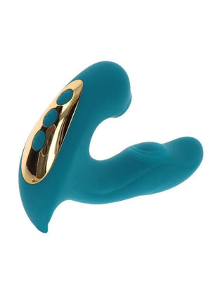 Teal silikon erwachsenenspielzeug mit goldfarbenem bedienfeld und drei blauen tasten xoCoon eternal love vibe stimulator grün