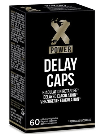 Schwarze rechteckige xpower delay caps kapseln mit goldenem x logo und weißer textangabe 60 vegikapseln