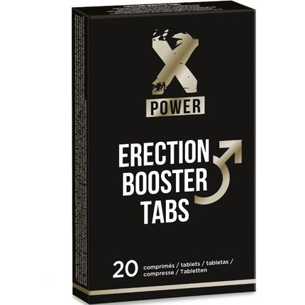 Schwarze rechteckige box von xpower erection booster tabs mit goldfarbenem x logo und weißem text vorne