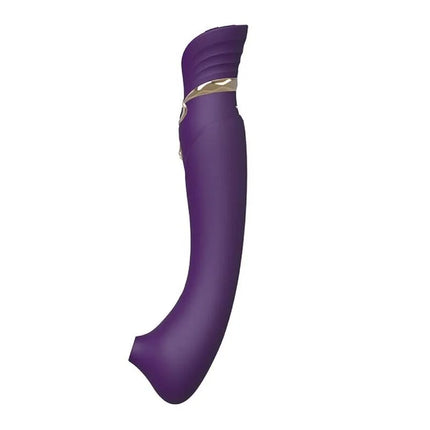 Lila silikonvibrator mit goldfarbener metallakzentband für klitorisstimulation von zalo queen set pulse wave