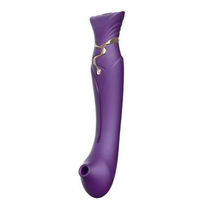 Lila silikon vibrator mit goldfarbener zierleiste und klarem edelsteinakzent von zalo queen set pulse wave clit stim