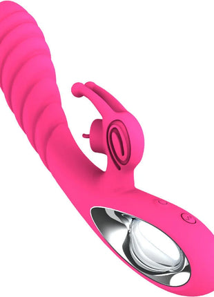 Vibrierendes rosa silikonspielzeug mit gebogenem, geripptem schacht und silberner metallbasis mit bedientasten