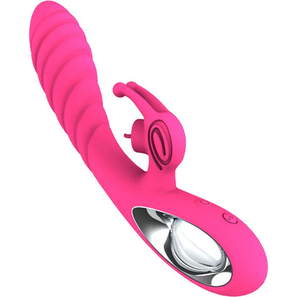 Vibrierendes rosa silikonspielzeug mit gebogenem, geripptem schacht und silberner metallbasis mit bedientasten