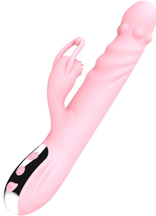 Pink silikon vibrator in hasenform mit schwarzem und silbernem bedienfeld und rosafarbenen tasten aus zungenzauber deluxe serien