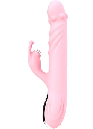 Pink silikon vibrator in hasenform mit strukturierter oberfläche und metallischem fußstück zungenzauber deluxe
