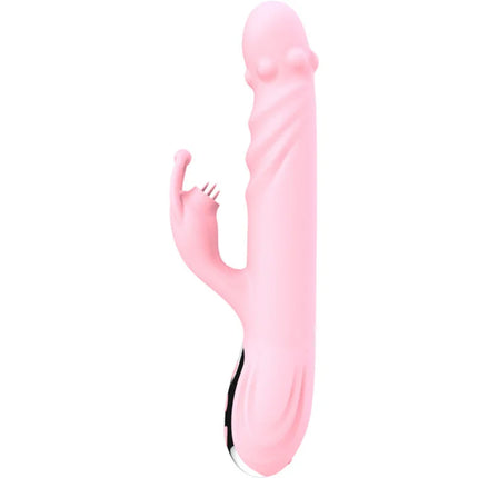 Pink silikon vibrator in hasenform mit strukturierter oberfläche und metallischem fußstück zungenzauber deluxe